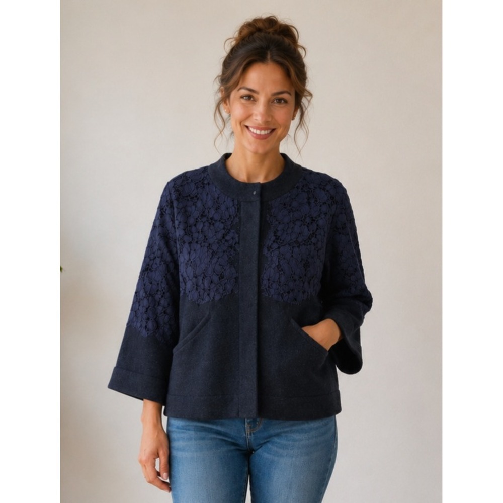 Anthropologie Field Flower Wool Jacket Women Small Black Blue Floral Lace Overla